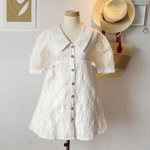 White Textured Puff Sleeve Button Front Mini Dress